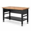 Banco da lavoro regolabile 120 × 60 × 85 cm con piano in legno marrone, telaio nero, ripiano e pannelli perforati