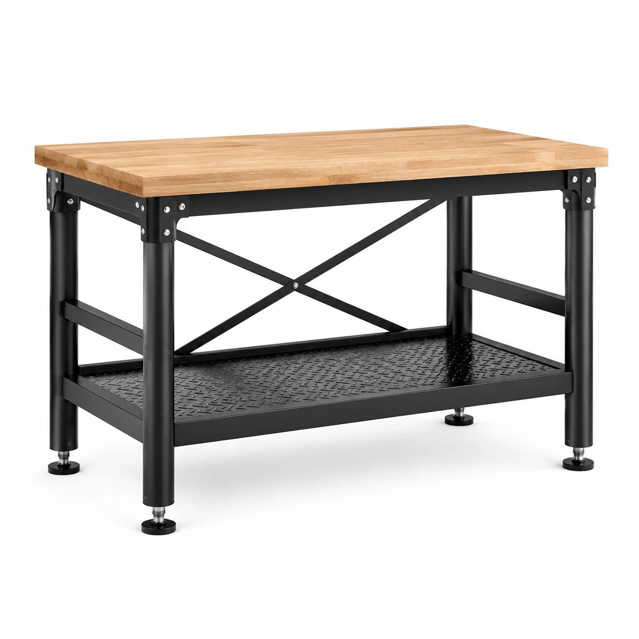 Banco da lavoro 120 × 60 × 90 cm in legno naturale e acciaio nero con ripiano inferiore