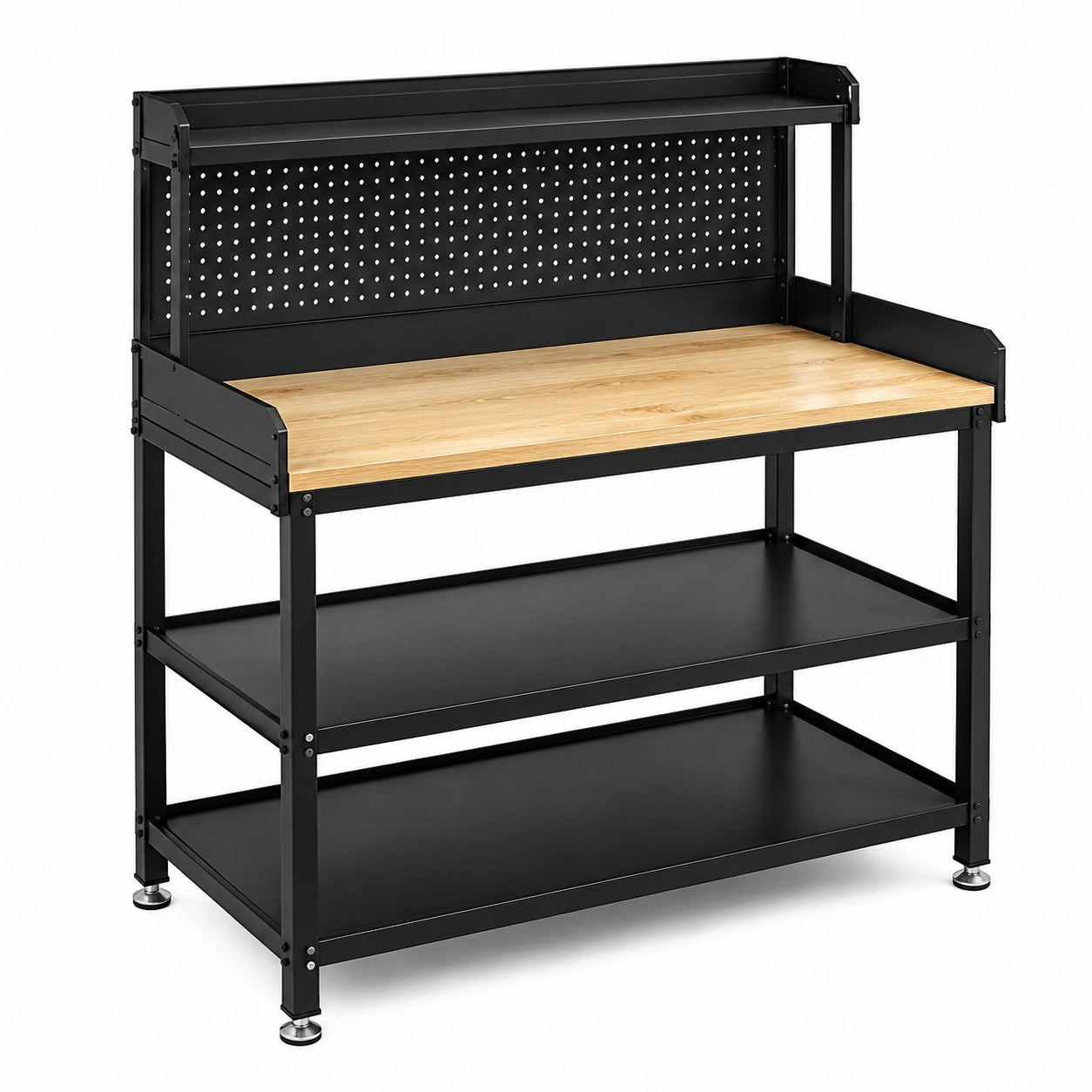 Banco da lavoro in acciaio nero e legno naturale 120 × 60 × 150 cm con pannello portautensili e 3 ripiani