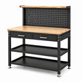 Banco da lavoro 120 × 60 × 150 cm in acciaio nero e legno naturale con pannello portautensili, 2 cassetti e 3 ripiani