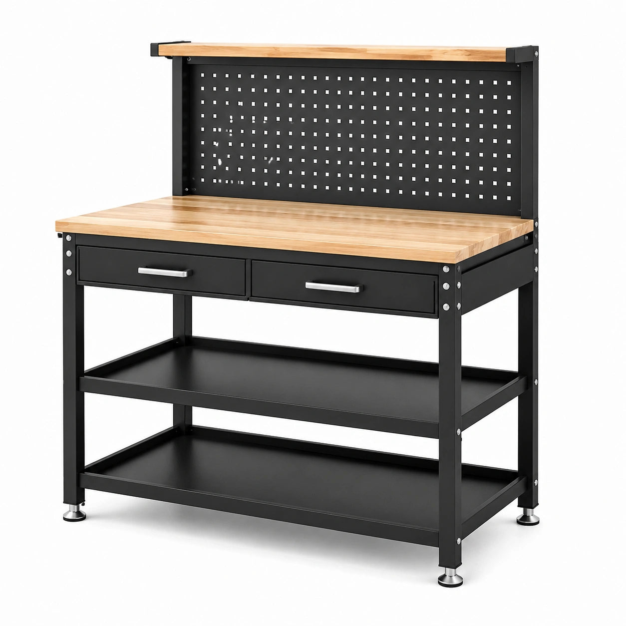 Banco da lavoro 120 × 60 × 150 cm in acciaio nero e legno naturale con pannello portautensili, 2 cassetti e 3 ripiani