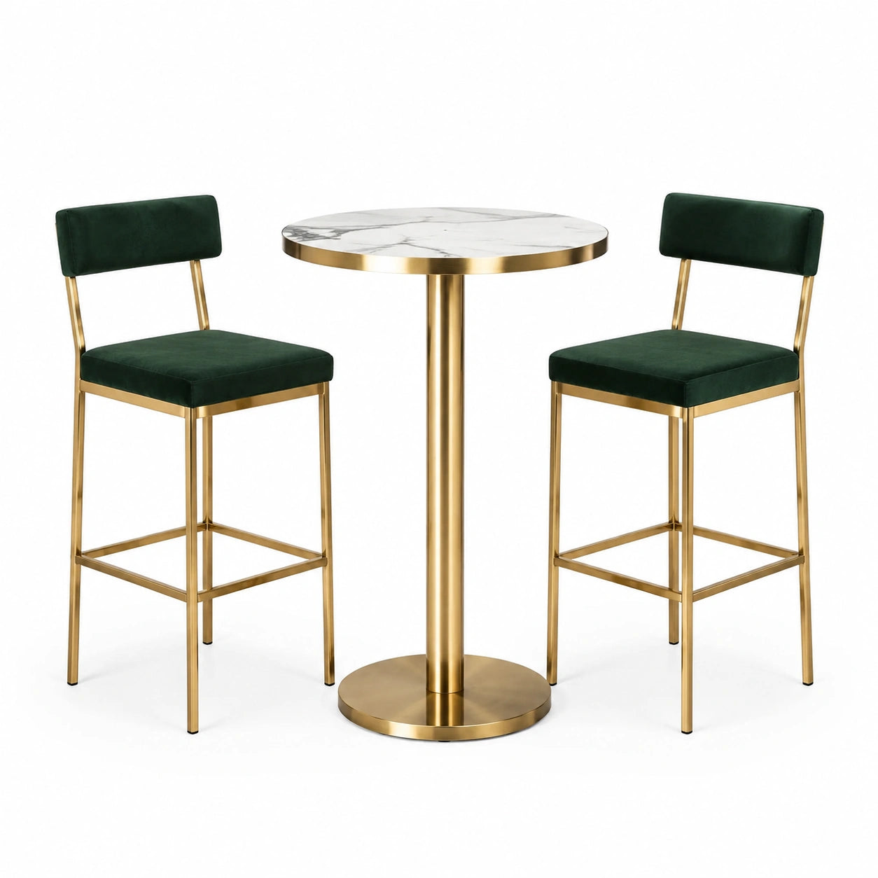 Tavolo alto rotondo Ø 70 × 105 cm con 2 sgabelli 45 × 48 × 102 cm, verde scuro, dorato e bianco effetto marmo