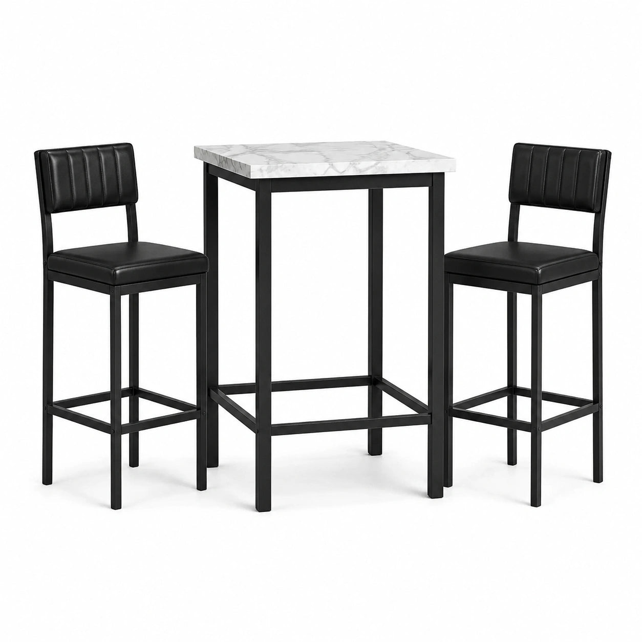 Set moderno con tavolo alto 60 × 60 × 91 cm e 2 sgabelli 40 × 44 × 96 cm, nero e bianco effetto marmo