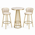 Tavolo alto rotondo Ø 80 × H 105 cm con 2 sgabelli 52 × 50 × H 100 cm, oro, crema e bianco effetto marmo