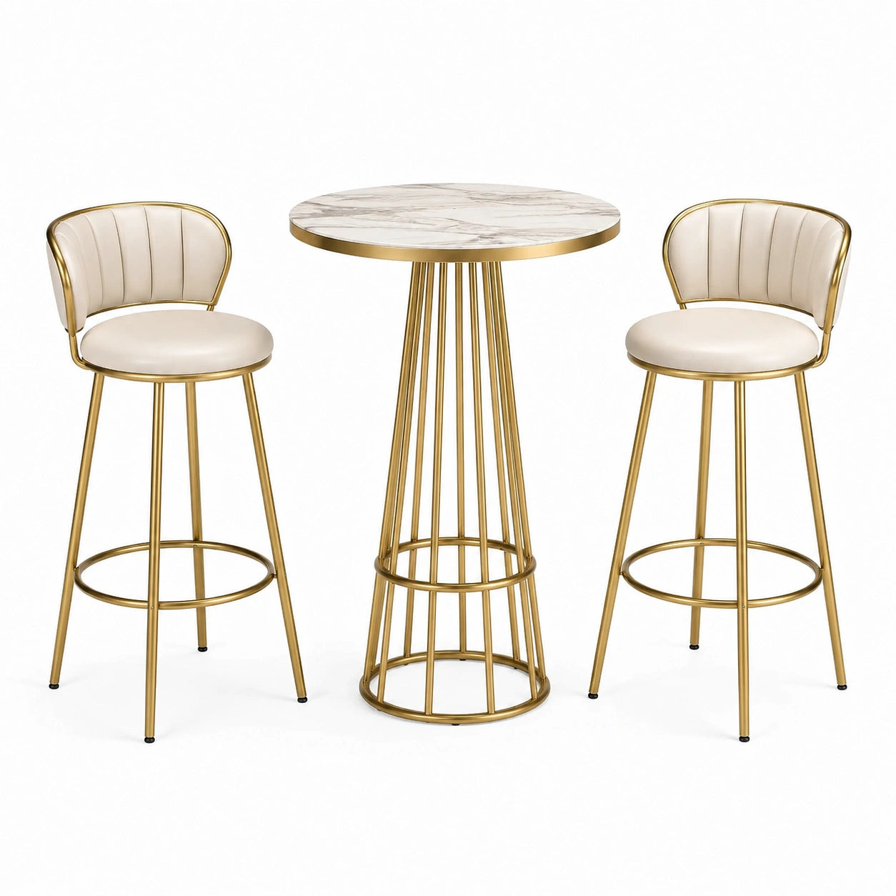 Tavolo alto rotondo Ø 80 × H 105 cm con 2 sgabelli 52 × 50 × H 100 cm, oro, crema e bianco effetto marmo