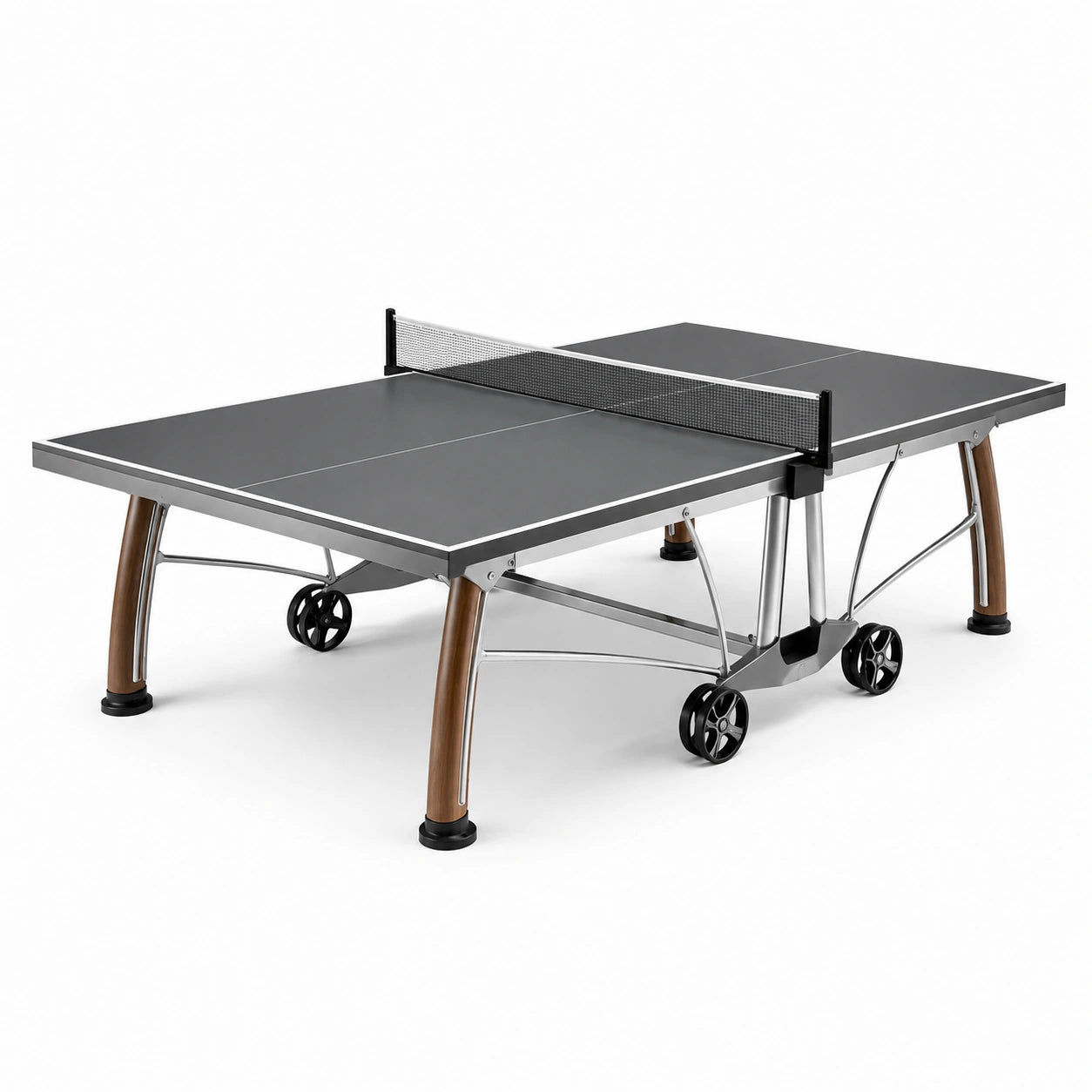 Tavolo da ping pong da interno in MDF e metallo, grigio, 274 × 152,5 × 76 cm, con rete e ruote