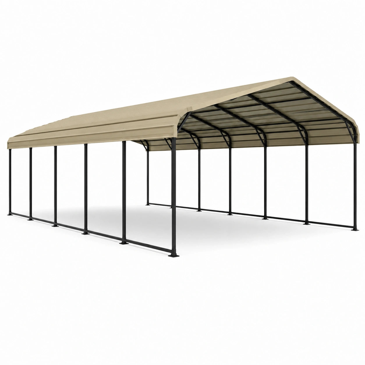Carport doppio 600 × 600 × 300 cm in acciaio beige e nero con tetto a doppia falda