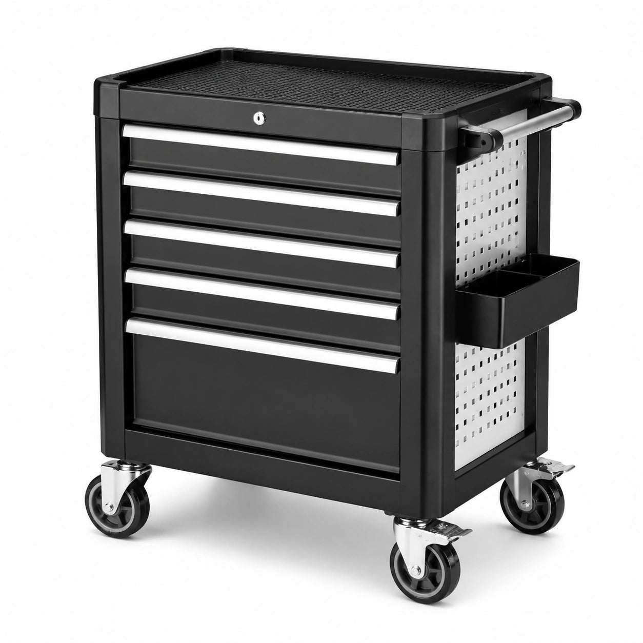 Carrello portautensili nero e argento in acciaio, 77 × 47 × 97 cm, con 5 cassetti, serratura e ruote