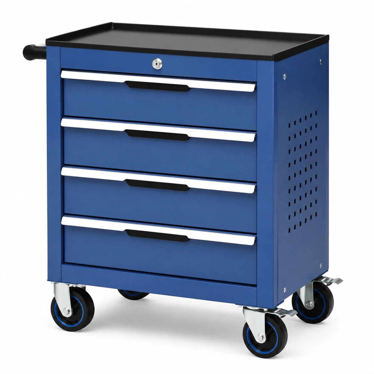 Carrello portautensili in acciaio blu e nero, 69 × 33 × 75 cm, 4 cassetti con serratura e ruote