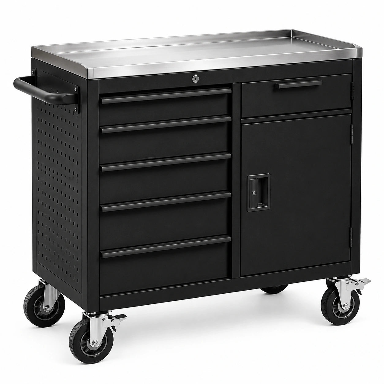 Carrello portautensili in acciaio nero e argento 100 × 50 × 100 cm con 6 cassetti, 1 anta e 4 ruote
