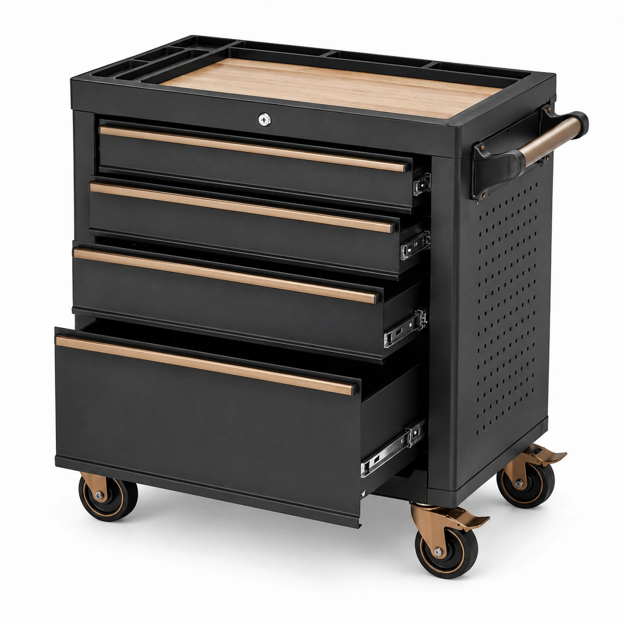 Carrello portautensili nero in acciaio con 4 cassetti, serratura e ruote, 68 × 46 × 86 cm