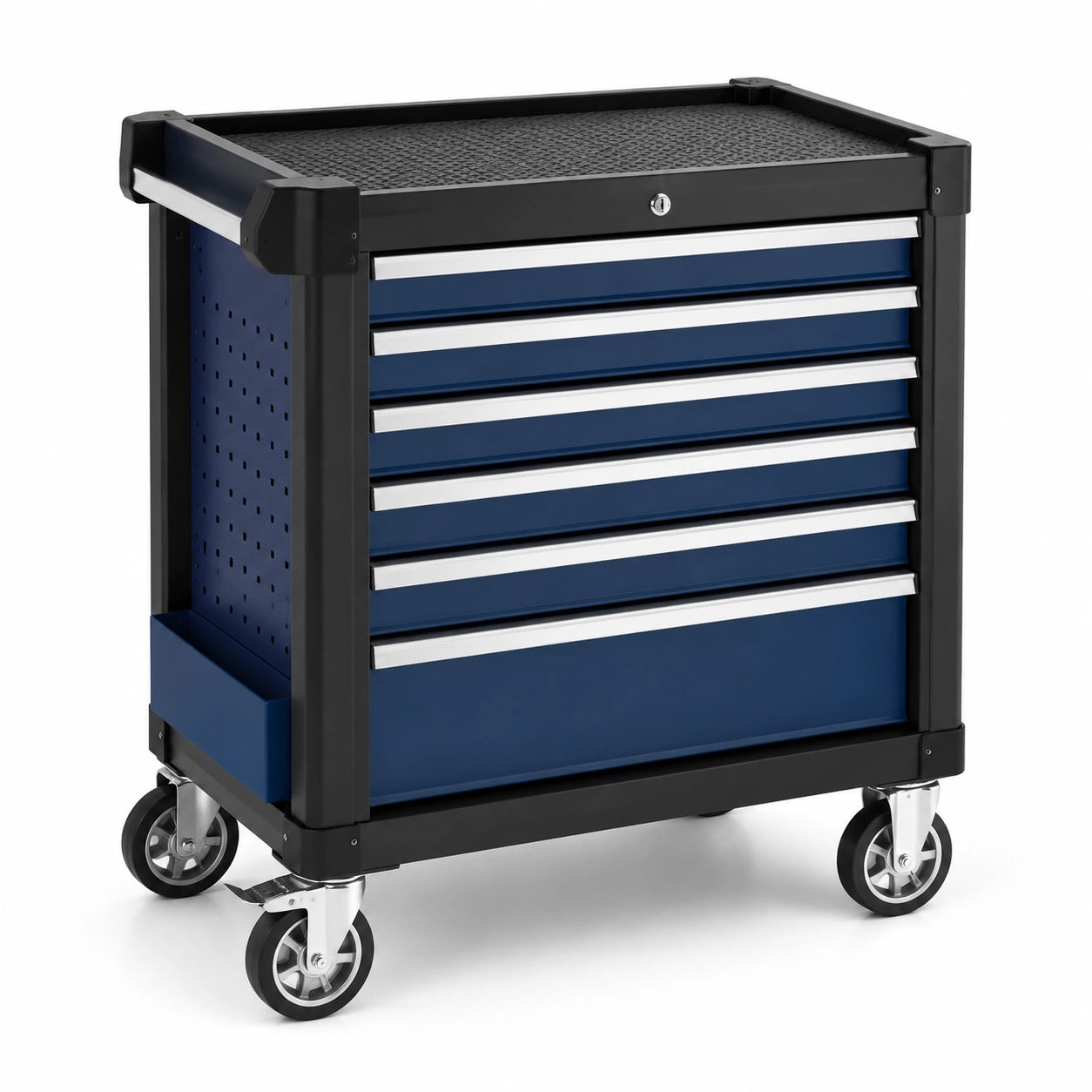 Carrello portautensili in acciaio blu, nero e argento, 77 × 46 × 97 cm, con 6 cassetti, serratura e 4 ruote
