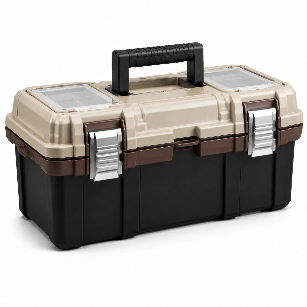 Cassetta portautensili 48 × 25 × 25 cm nera, beige e marrone con manico pieghevole e organizer