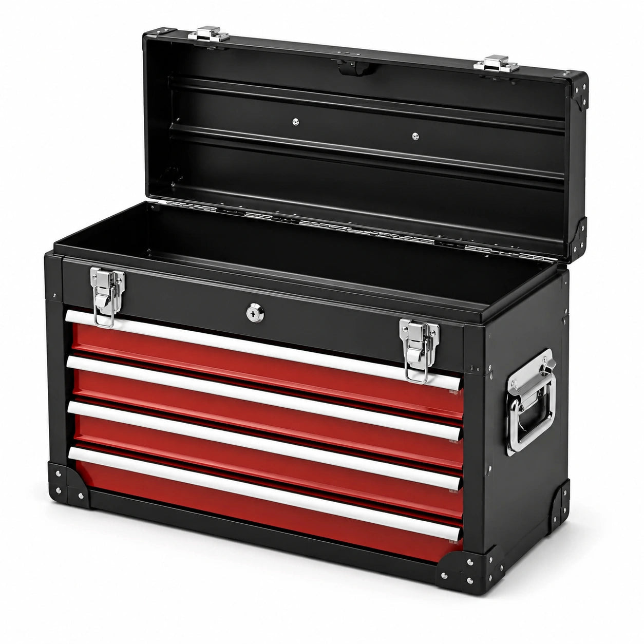 Cassettiera portautensili da officina in acciaio nero, rosso e argento, 66 × 31 × 38 cm, 4 cassetti con serratura