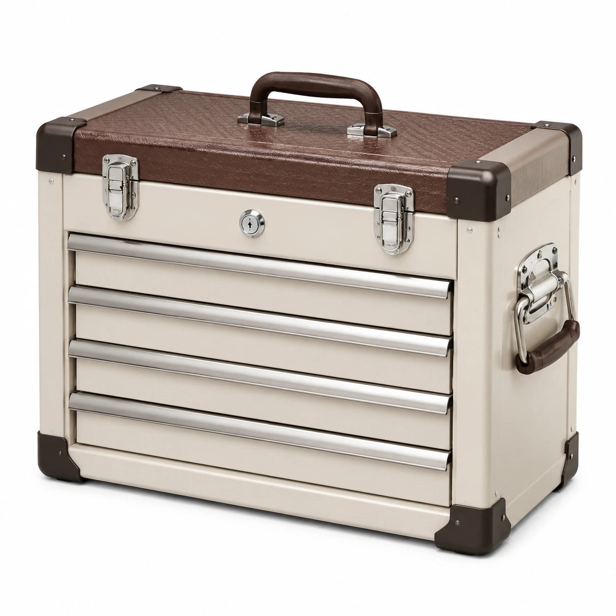 Cassetta portautensili in acciaio beige, marrone e argento, 56 × 26 × 48 cm, con 5 cassetti, vano superiore e serratura