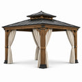Gazebo da giardino in legno marrone 400 x 300 x 300 cm con tetto metallico nero e tende beige