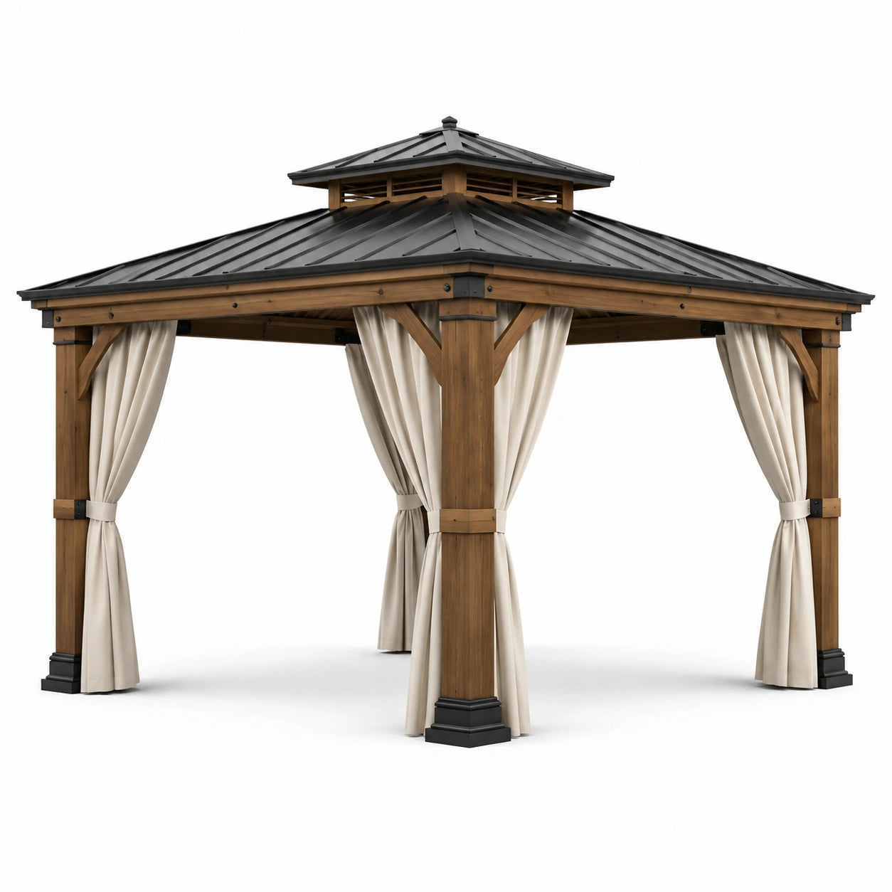 Gazebo da giardino in legno marrone 400 x 300 x 300 cm con tetto metallico nero e tende beige