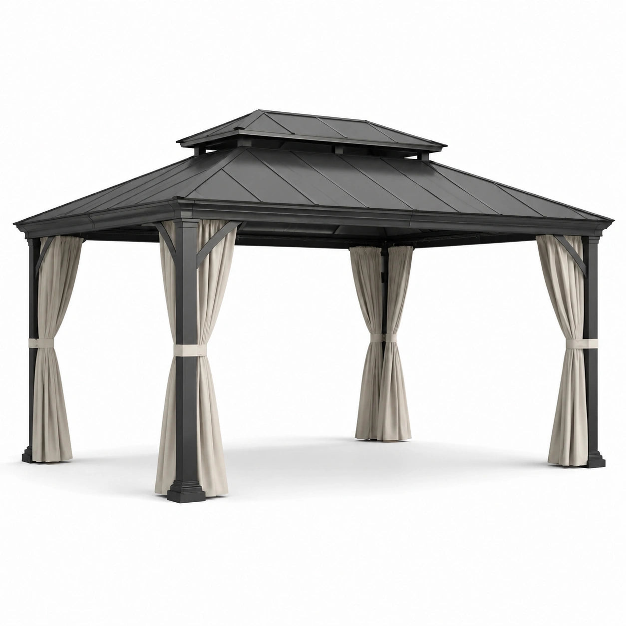 Gazebo da giardino antracite con tetto rigido ventilato e tende beige, 400 × 300 × 270 cm