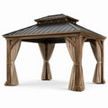 Gazebo da giardino 360 × 360 × 310 cm in legno marrone con tetto metallico antracite e tende beige
