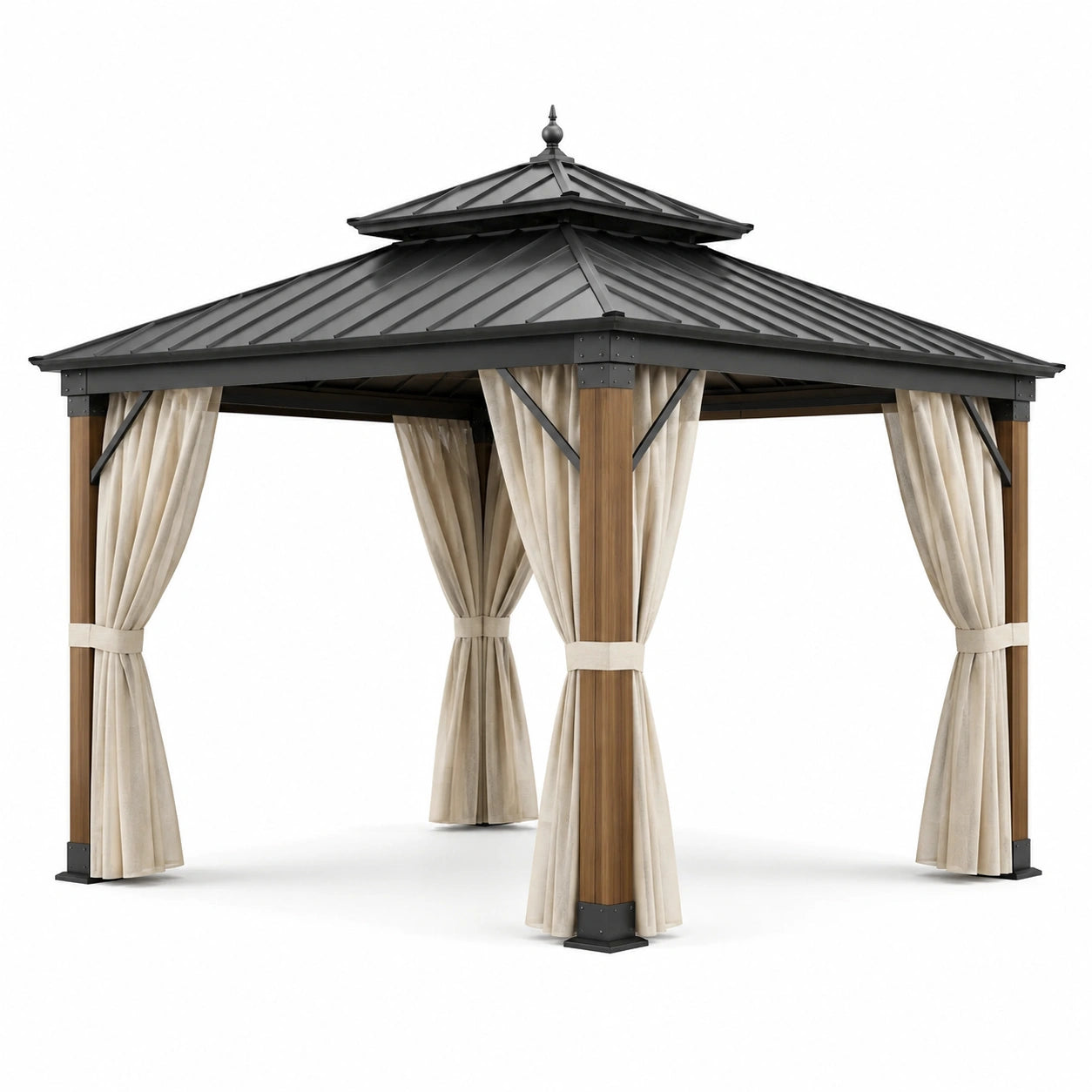 Gazebo da giardino 360 × 360 × 310 cm marrone, nero e beige con tetto rigido a doppio livello e tende laterali