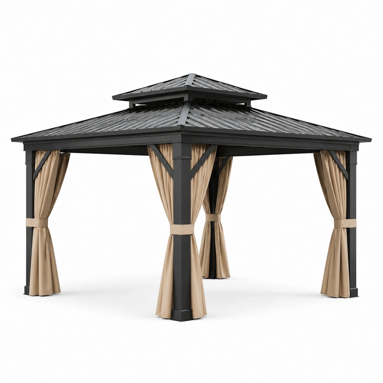 Gazebo da giardino 300 × 360 × 280 cm in metallo antracite con tende beige e tetto rigido ventilato