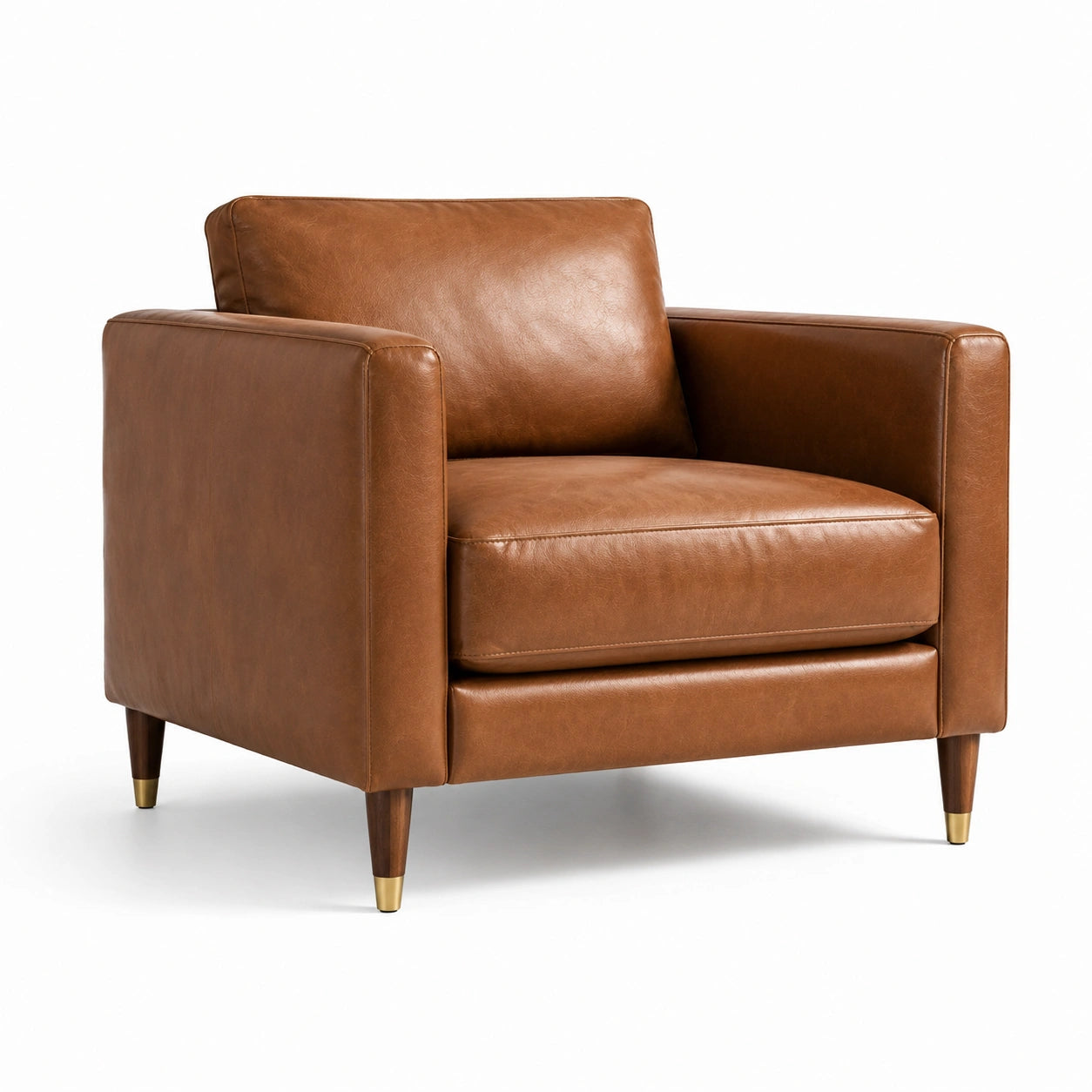 Poltrona moderna in effetto pelle marrone cognac e oro, 103 × 90 × 85 cm