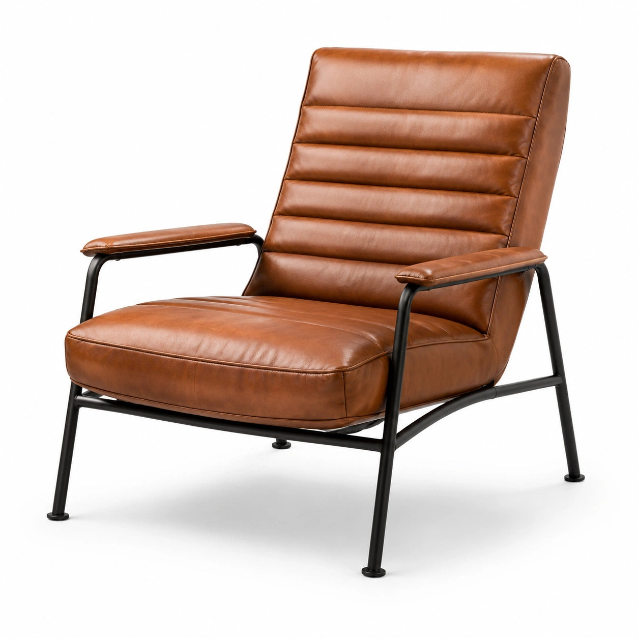 Poltrona lounge in similpelle marrone con braccioli e struttura in metallo nero, 76 × 82 × 88 cm