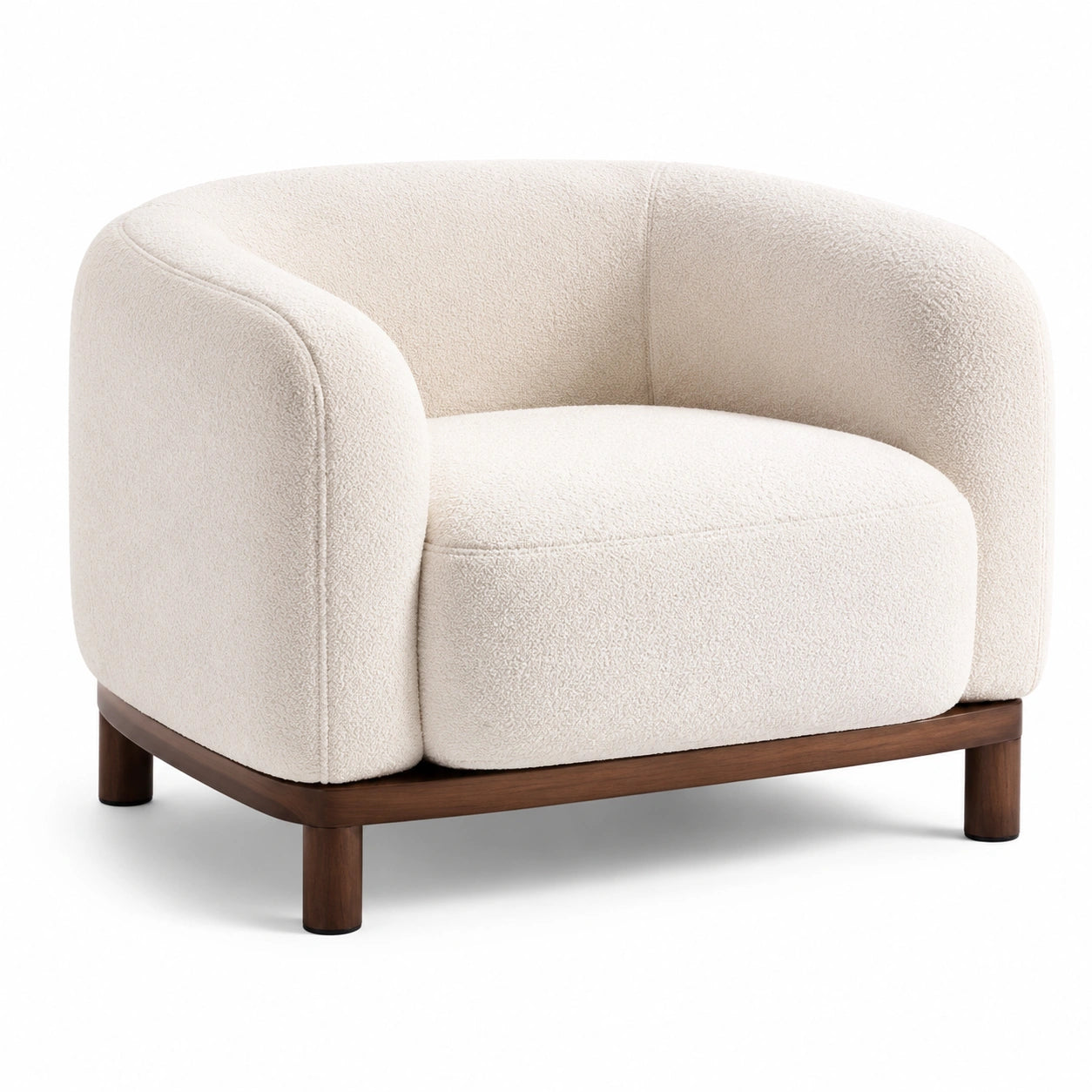 Poltrona moderna in bouclé avorio con base in legno marrone, 105 × 90 × 76 cm