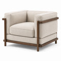 Poltrona contemporanea in tessuto bouclé beige con struttura in legno marrone, 105 x 95 x 82 cm