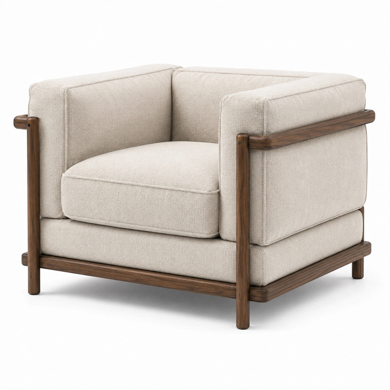 Poltrona contemporanea in tessuto bouclé beige con struttura in legno marrone, 105 x 95 x 82 cm