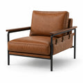 Poltrona industriale in effetto pelle marrone con struttura in metallo nero e braccioli in legno, 80 × 86 × 86 cm