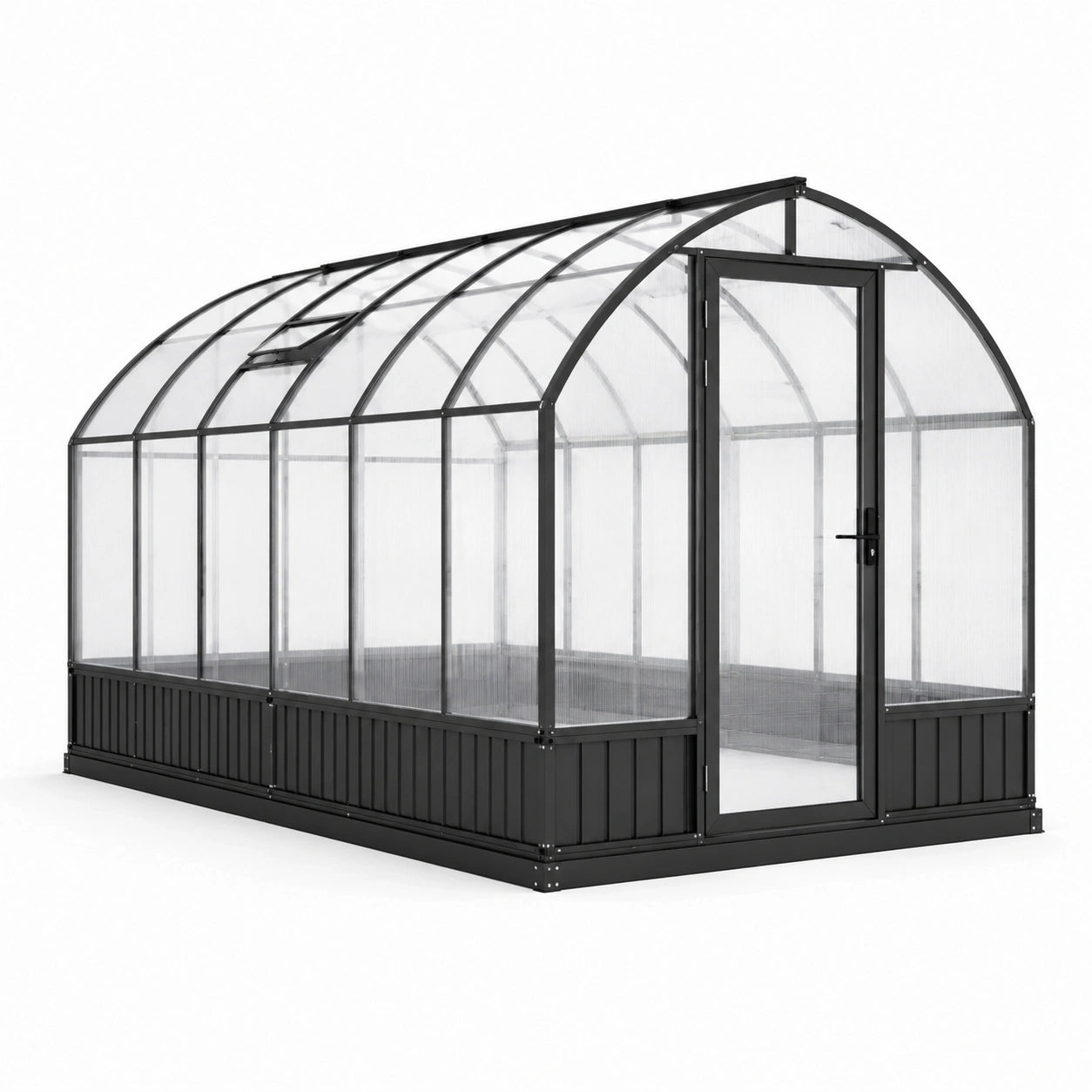 Serra da giardino nera e trasparente 250 × 190 × 195 cm con tetto arcuato e finestra apribile