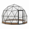 Serra geodetica Ø 360 × H 220 cm con telaio nero, pannelli traslucidi e base marrone