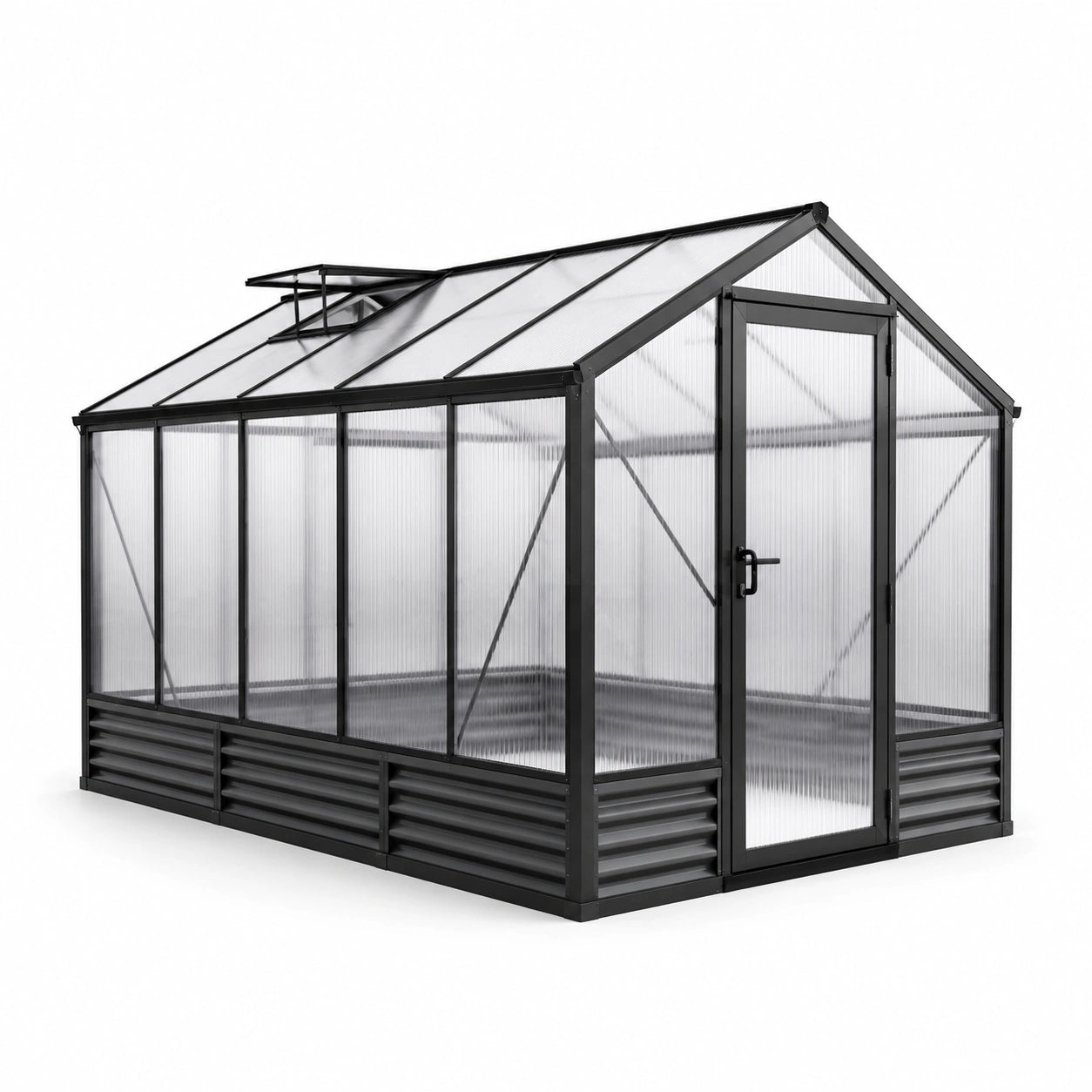 Serra da giardino 244 × 185 × 210 cm in alluminio nero con pannelli trasparenti, porta e finestra da tetto