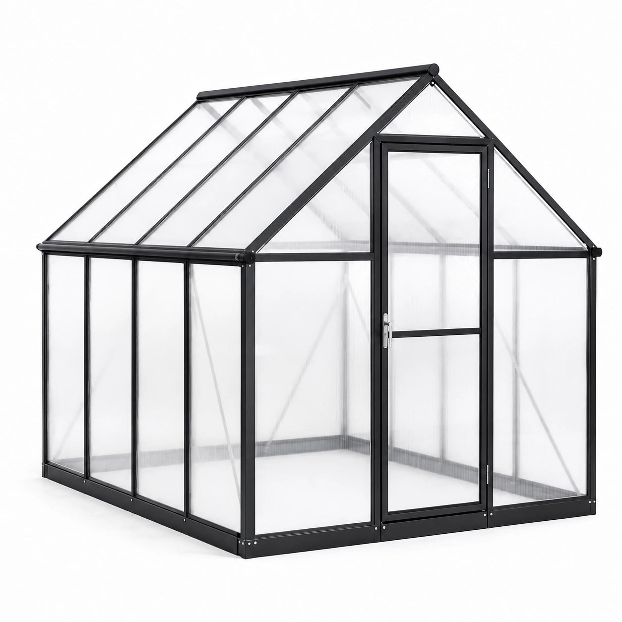 Serra da giardino in alluminio nero e policarbonato trasparente, 190 × 190 × 195 cm, con porta a battente