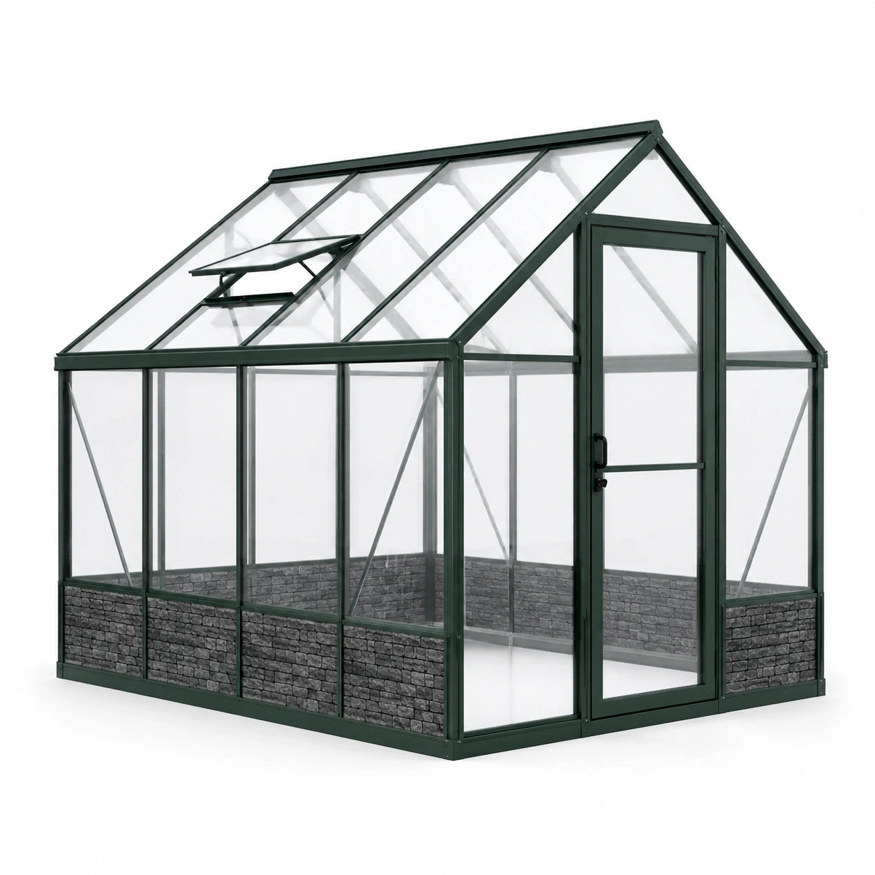 Serra da giardino 244 × 185 × 215 cm in alluminio verde scuro con pannelli trasparenti, porta e finestra apribile