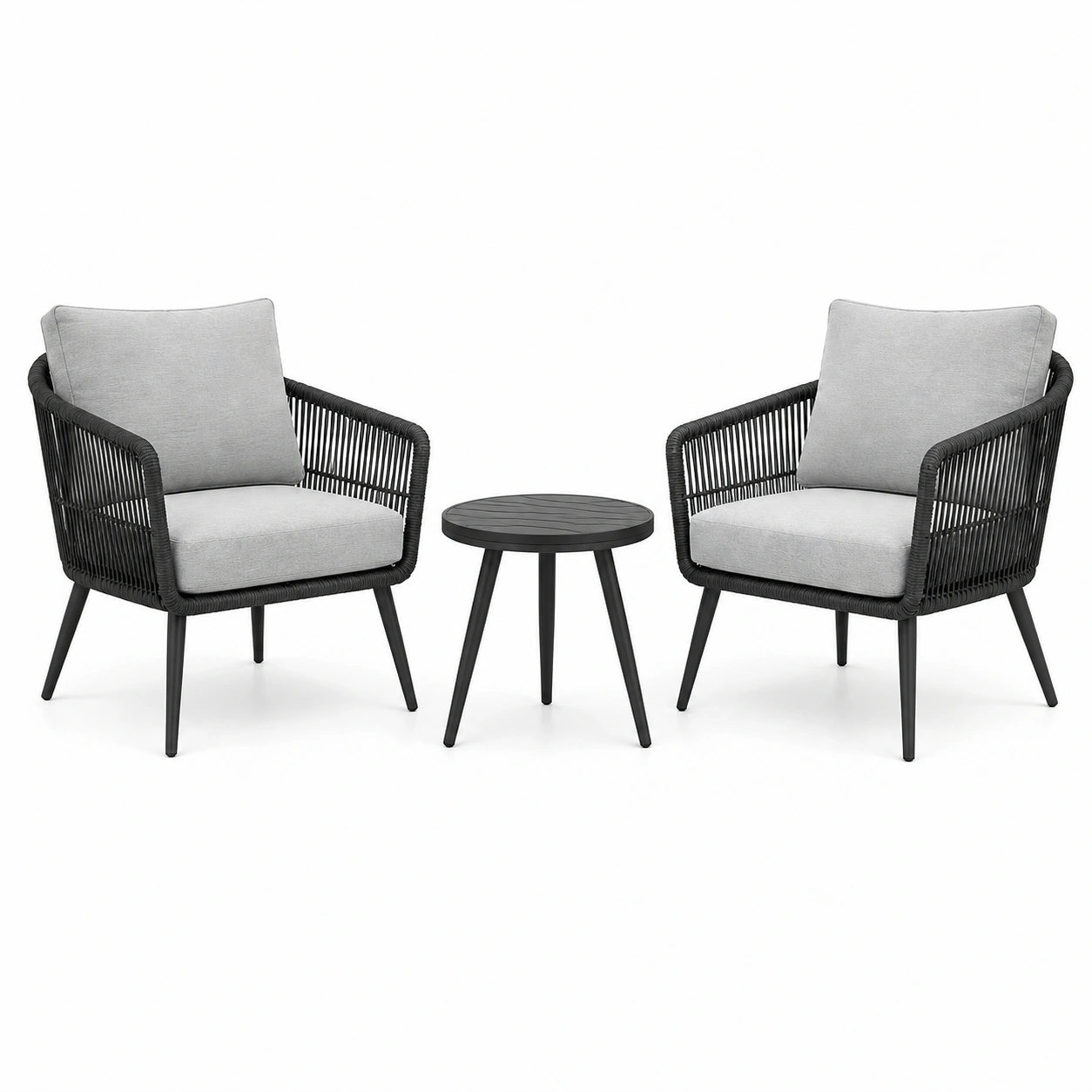 Set moderno da esterno con 2 poltrone 72 × 75 × 78 cm e tavolino rotondo Ø 50 × 45 cm, nero e grigio chiaro