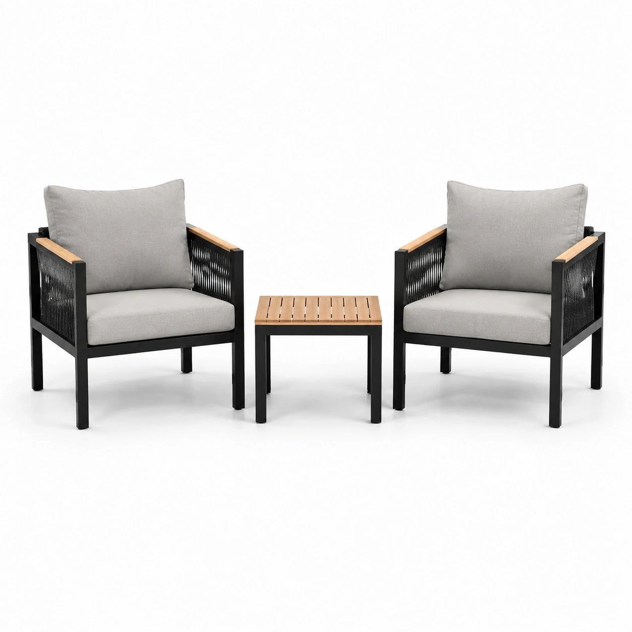 Set da giardino 3 pezzi con 2 poltrone 70 × 75 × 80 cm e tavolino 50 × 50 × 43 cm, nero, grigio e marrone chiaro