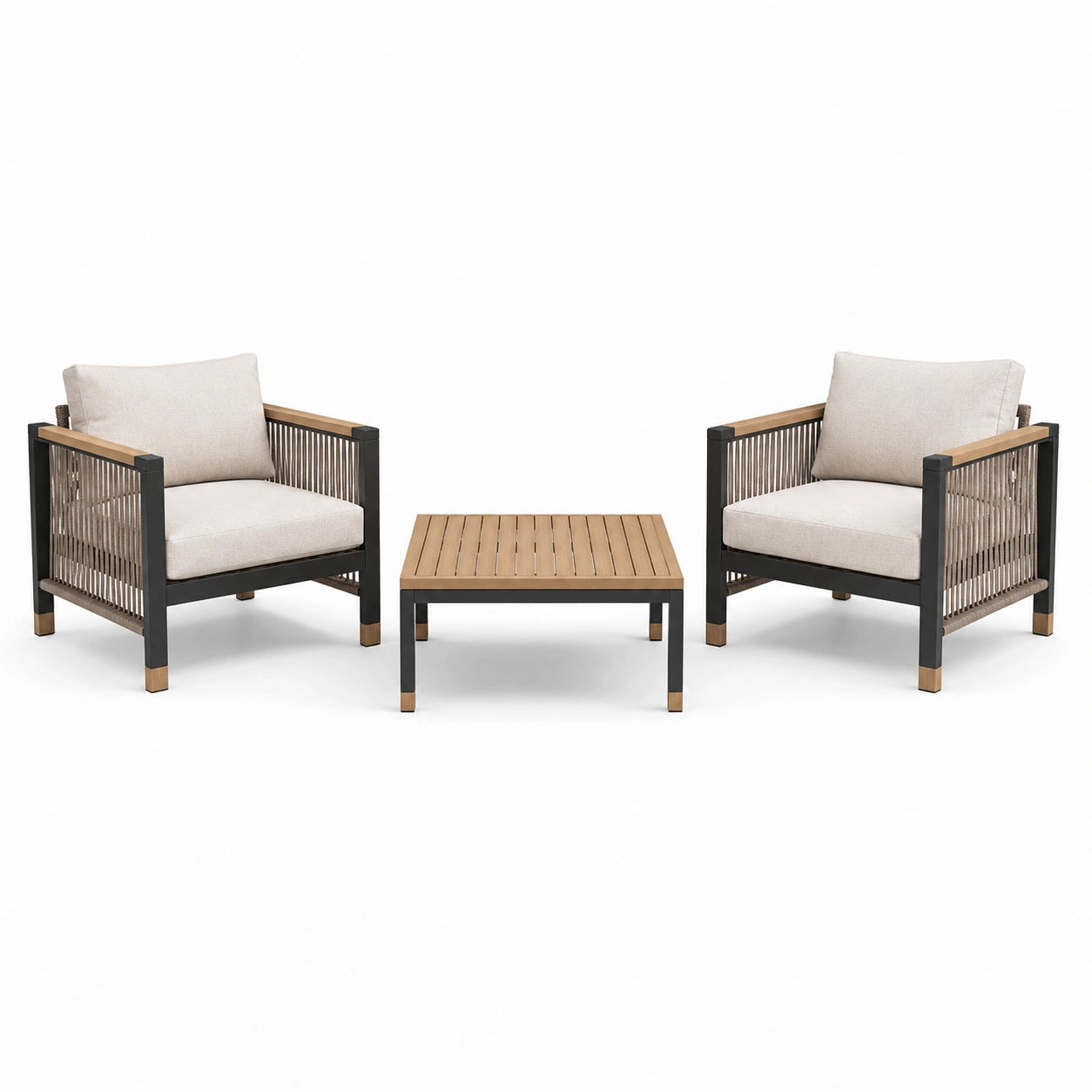 Set da giardino moderno a 3 pezzi con 2 poltrone 72 x 74 x 78 cm e tavolino 55 x 55 x 42 cm, nero, beige e marrone