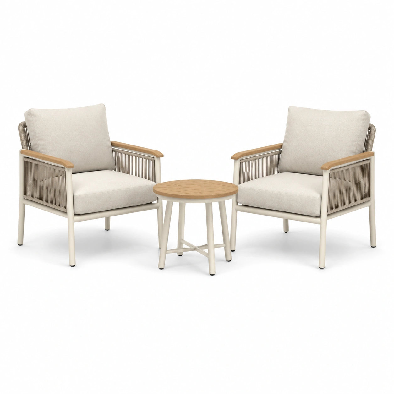 Set da esterno 3 pezzi con 2 poltrone 74 × 76 × 81 cm e tavolino rotondo 60 × 46 cm, beige, tortora e marrone chiaro